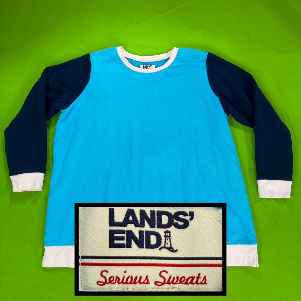 Lands End Serious Sweat Shirt Womens 1X 16-18 Blue/White Color Block Tunic Retro